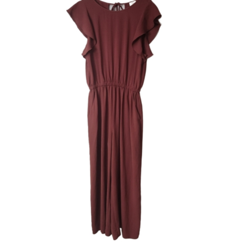Wilfred size Medium cranberry color jumpsuit wide leg open back tie back